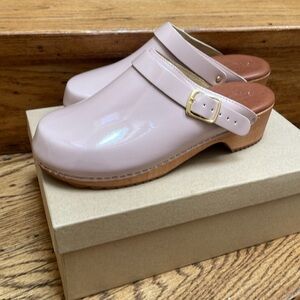 Anthropologie Patent leather buckled clogs